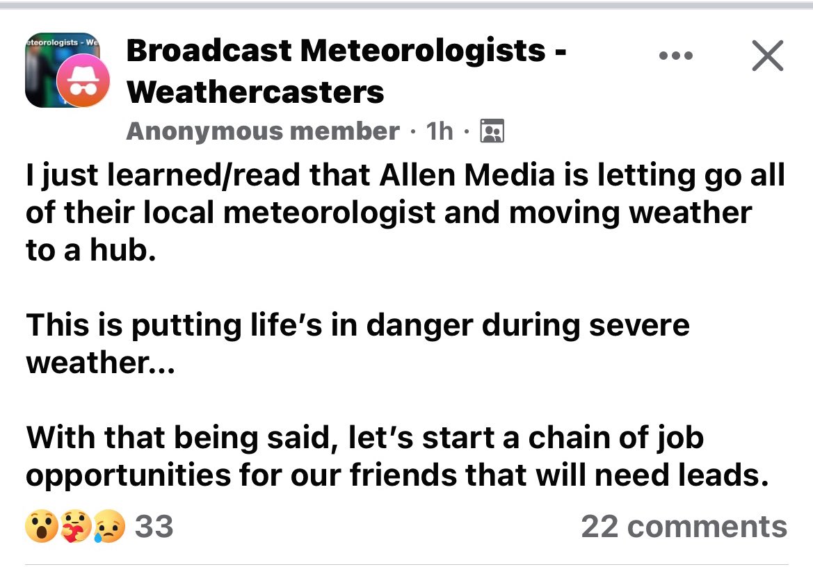 Same company I used to work for. The local news industry is 100% profits, 0% care for employees. Weather is the #1 reason people still watch, and now it is gone. This is just the beginning. Get out while you can!