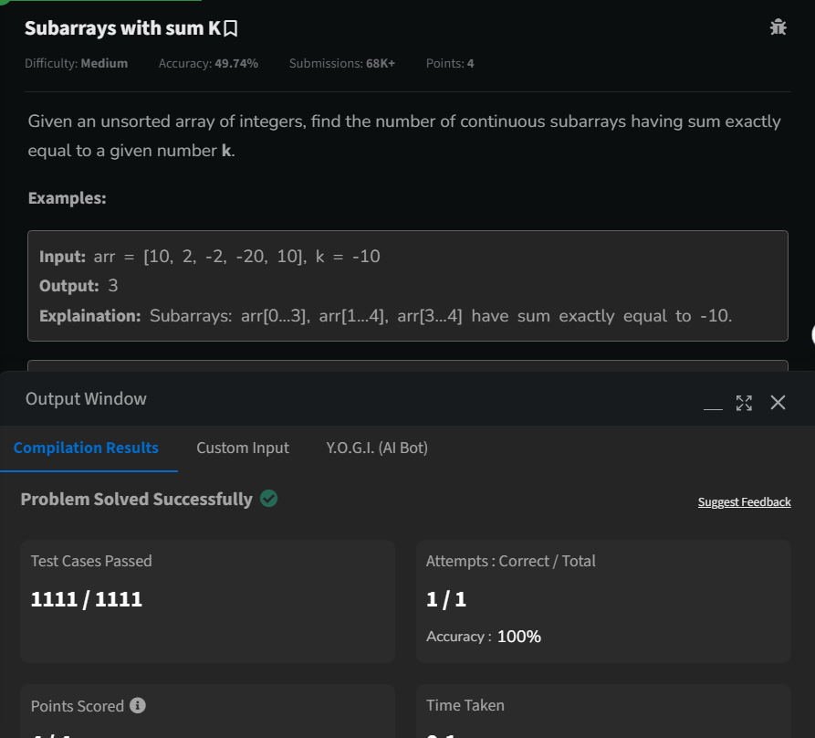 geeky01adarsh's tweet image. Hey folks,
I am solving Gfg 160 with @geeksforgeeks.
Completed Day 49: Subarrays with sum K
#gfg160 #geekstreak2024