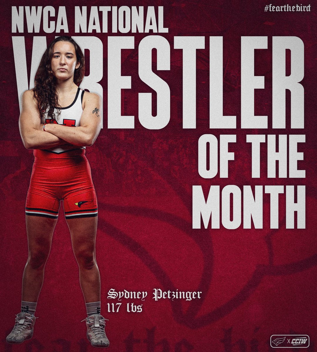 NCCwomensWR's tweet photo. Big month of December for Sydney Petzinger as she went 10-0 with three falls, four tech falls and eight wins over ranked wrestlers to earn both Regional and National Wrestler of the Month awards. #FearTheBird #SHAPOWIE https://t.co/4BRUUQNihp