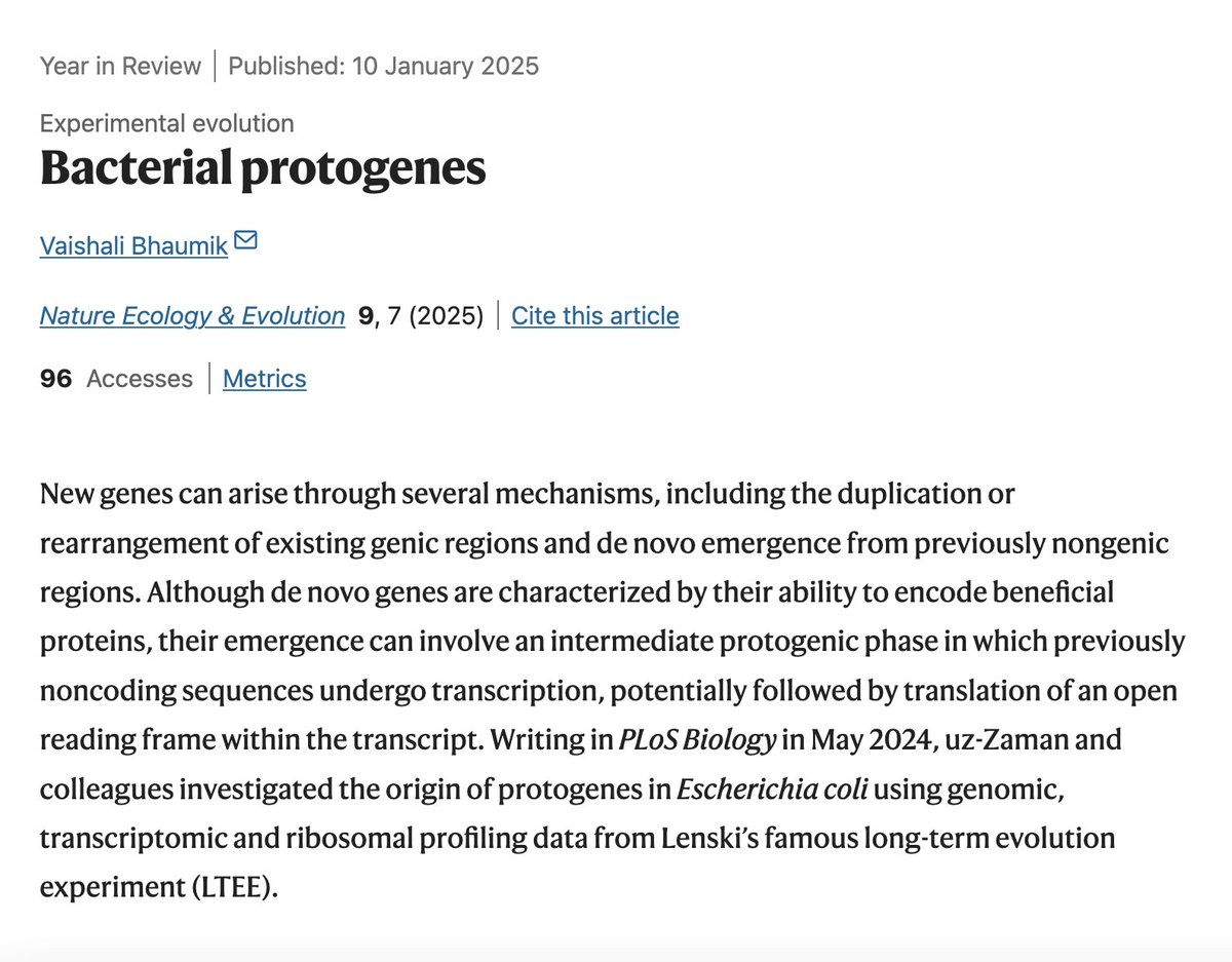 Grateful to see our work on the evolution of new (proto-)genes in the Long-Term Evolution Experiment highlighted in Nature Ecology and Evolution's Year in Review!

Link to original article: journals.plos.org/plosbiology/ar…