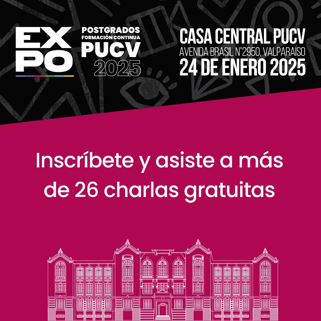 🎓Atención comunidad PUCV

El próximo viernes 24 de enero se realizará la Expo Postgrados y Formación Continua PUCV. 

👉Una excelente oportunidad para conocer la oferta académica que ofrece la universidad en postgrados

👌 Inscríbete en eventos.formacioncontinuapucv.cl