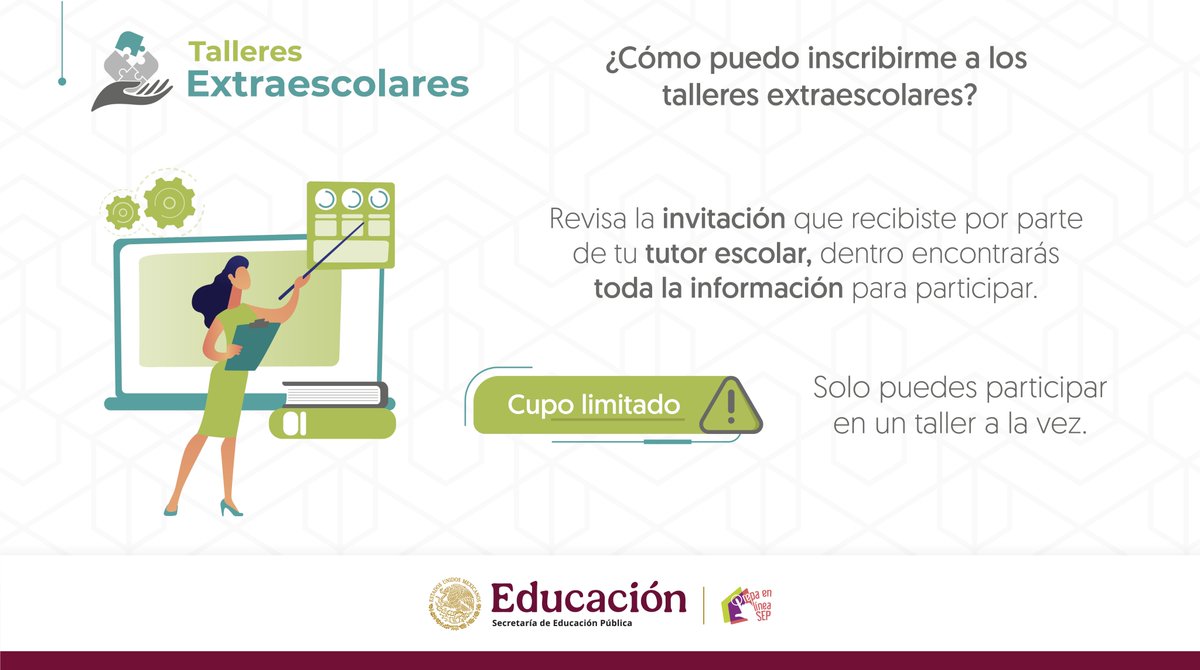 ¡El periodo de registro para los talleres extraescolares sigue abierto! ✅ Recuerda que tienes hasta las 23:00 horas de hoy (hora del centro) para inscribirte.

Consulta más información en prepaenlinea.sep.gob.mx/desarrollo-int…