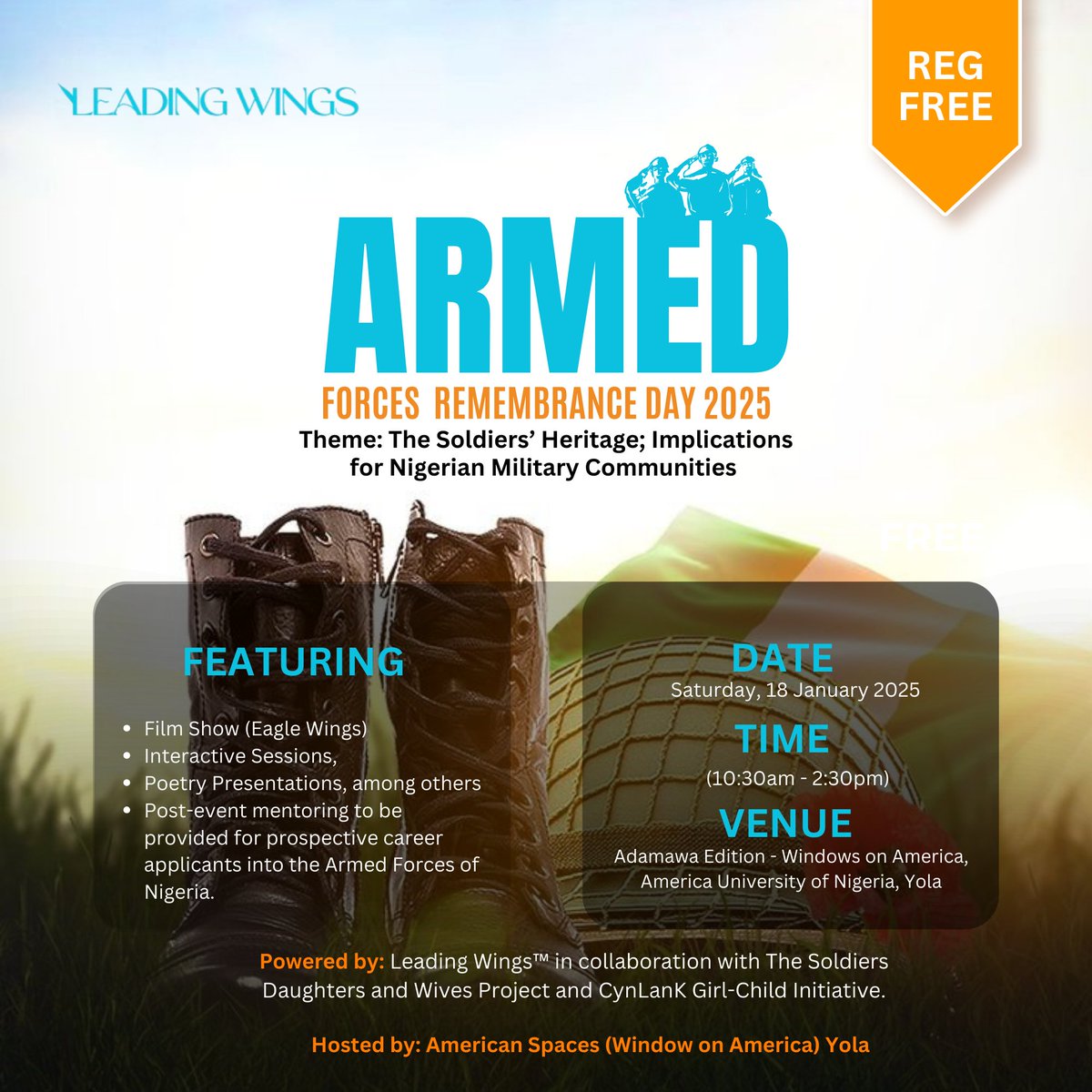 leadingwingsnet's tweet photo. Join us as we commemorate Nigeria's Armed Forces Remembrance Day 2025, in collaboration with TSDW-P and CynLanK.

We are excited to announce our first ever Leading Wings™ FORUM themed ‘The Soldiers Heritage; Implications for Nigeria Military Communities’! https://t.co/N6Pgl4kHDj