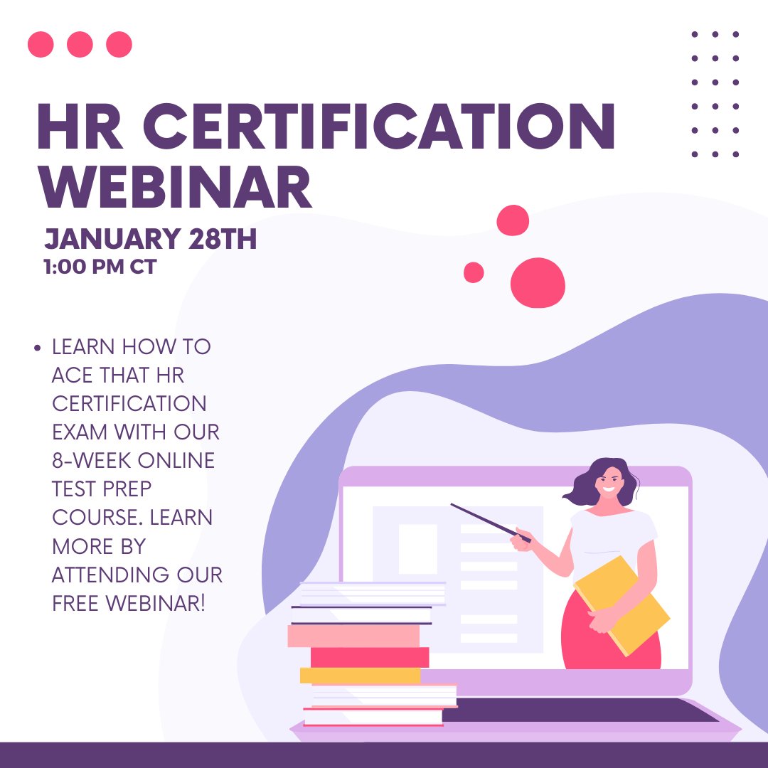 education_hr's tweet photo. Our HR Certification Test Prep Information Webinar will be January 28th at 1pm CT!

Join us to learn more about our fabulous prep course that can help you prepare in record time and boasts a 95% pass rate: https://t.co/FsQAqQVaU6 https://t.co/iHBtbdC2C7