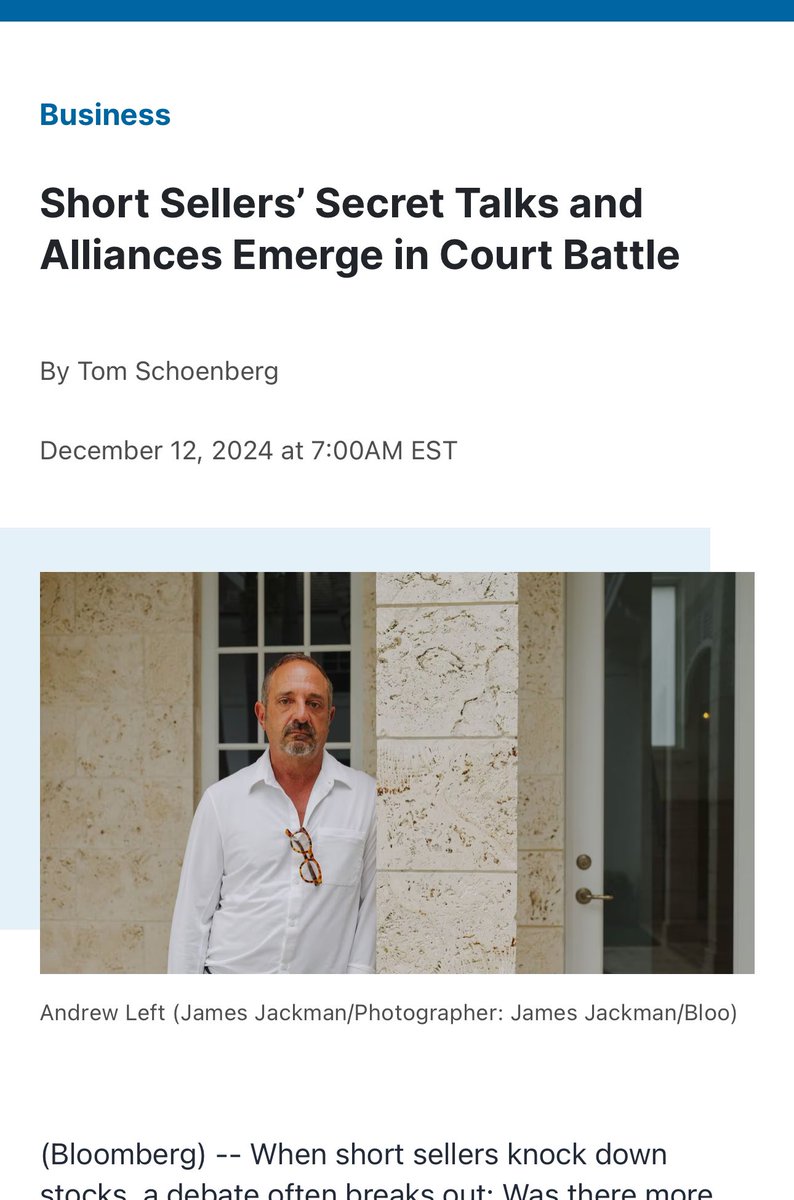 "Short Sellers’ Secret Talks and Alliances Emerge in Court Battle"

If you missed the Bloomberg article in December

"....The connections are tucked in places like page 107 of a legal motion so hefty it had to be filed in three “volumes.” 

There, in the transcript of a