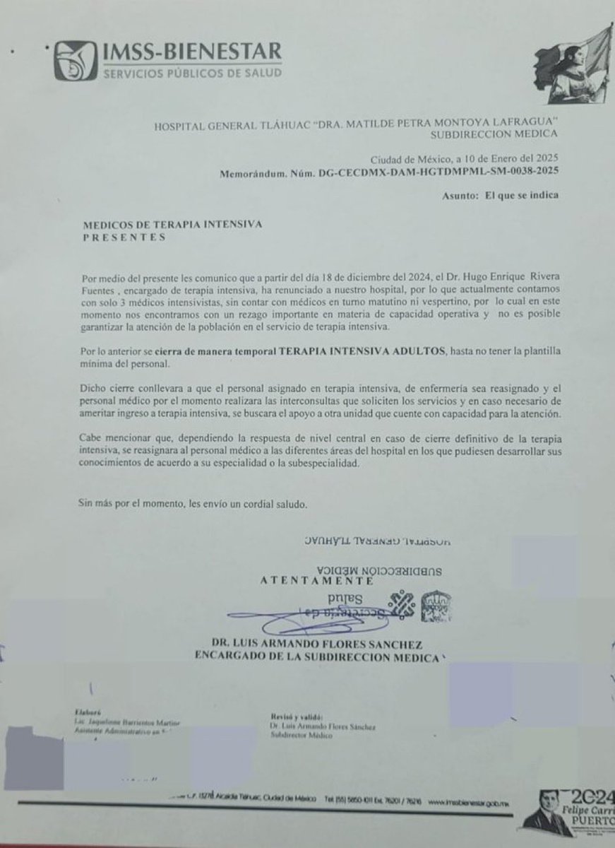 🔴 Cierra temporalmente el hospital general de Tlahuac del ⁦<a href="/IMSS_Bienestar/">IMSS Bienestar</a>⁩ por FALTA de Medicos y Equipo; pero según este gobierno NO hubo recortes a la Salud ! Abre los ojos , Morena MIENTE !