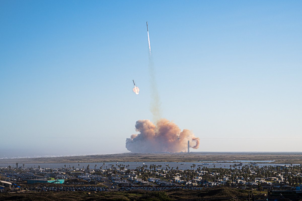 THERE AND BACK — Starship launches for Flight 7 and Super Heavy returns for the second-ever catch and landing at Starbase!