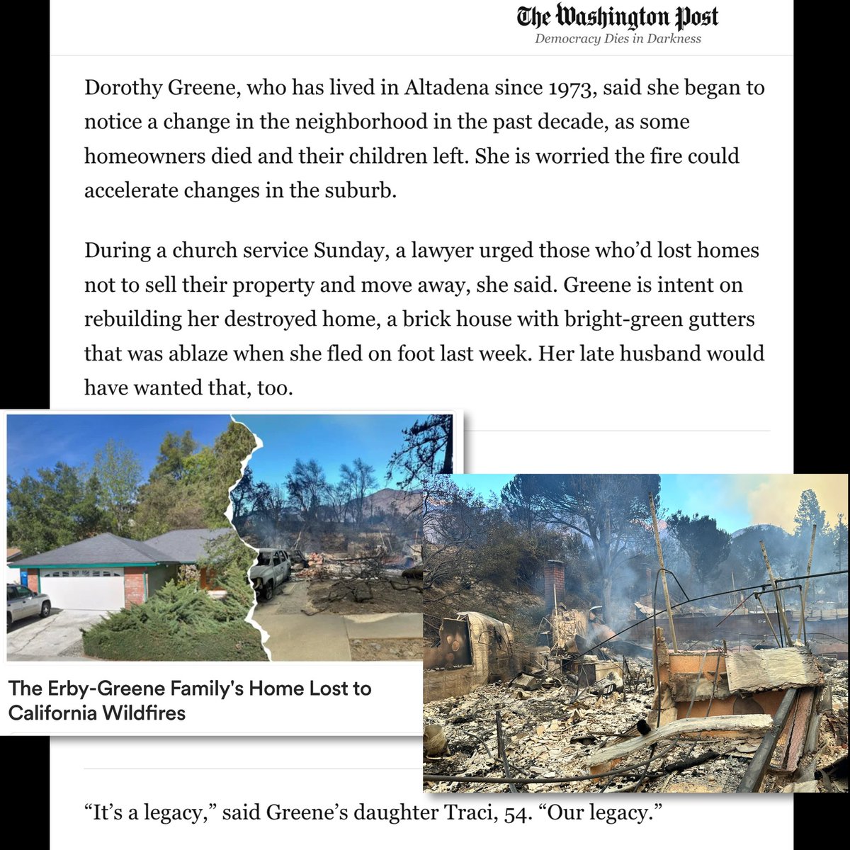 🌺Mai Perkins✨TWNE 📖✍🏿✨ (@flymai16) on Twitter photo Thank you to reporter Daniel Wu <a href="/danswu/">Daniel Wu</a> for spotlighting my aunt & the other families impacted by the #CaliforniaWildfires/#EatonFires in his WaPo feature on Black Altadena. washingtonpost.com/nation/2025/01…
For anyone who’d like to contribute to our fundraising: gofundme.com/f/erbygreene-h… Thank you to reporter Daniel Wu <a href="/danswu/">Daniel Wu</a> for spotlighting my aunt & the other families impacted by the #CaliforniaWildfires/#EatonFires in his WaPo feature on Black Altadena. washingtonpost.com/nation/2025/01…
For anyone who’d like to contribute to our fundraising: gofundme.com/f/erbygreene-h…