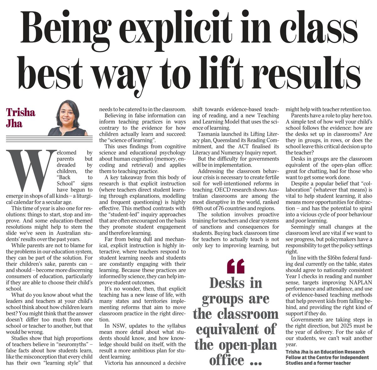 Centre for Independent Studies (@cisoz) on Twitter photo .<a href="/themetresgained/">Trisha Jha 🐻</a> was in the <a href="/dailytelegraph/">The Daily Telegraph</a> this week with some thoughts on getting back to school in 2025.
"Teachers can often have different 'mental models' about what good teaching looks like, but the evidence is fairly consistent about the importance of explicit teaching. .<a href="/themetresgained/">Trisha Jha 🐻</a> was in the <a href="/dailytelegraph/">The Daily Telegraph</a> this week with some thoughts on getting back to school in 2025.
"Teachers can often have different 'mental models' about what good teaching looks like, but the evidence is fairly consistent about the importance of explicit teaching.