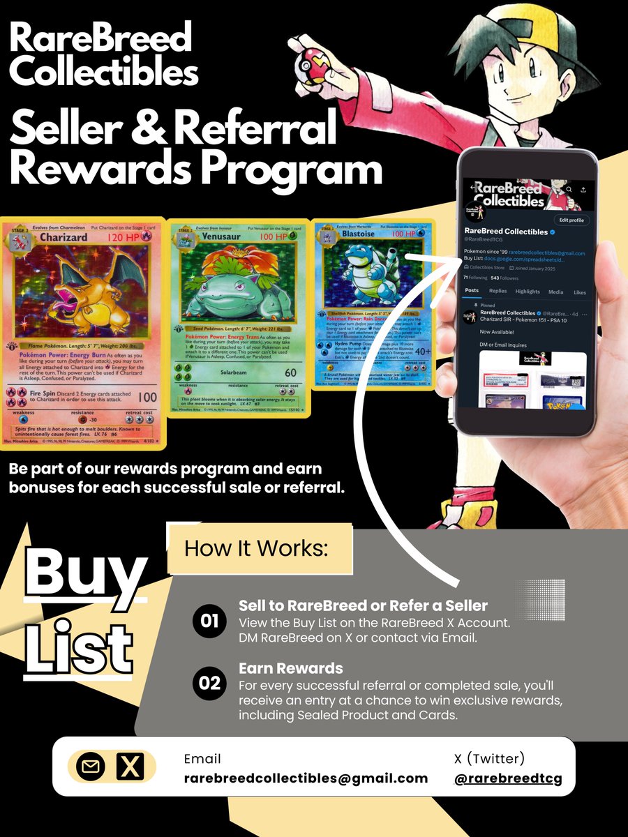RareBreedTCG's tweet photo. Trainers, collectors and Pokemon fans - RareBreed is excited to announce our Seller &amp; Referral Rewards Program! 

Every completed sale to RareBreed or successful referral will result in an entry into our monthly rewards program - prizes included sealed product and more! https://t.co/2QGbkuJO72