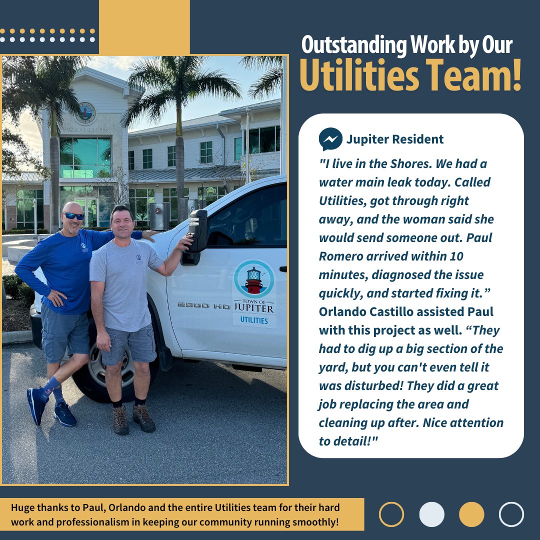 TownofJupiter's tweet photo. A big thank you to the Jupiter resident who shared this positive story with us! Shoutout to our Utilities teamโPaul Romero and Orlando Castillo!
Have a positive story to share about the Town of Jupiter team? Drop it in the comments!
#Jupiter100 #TownofJupiterFL #JupiterFL https://t.co/AAaIr6AdJ7