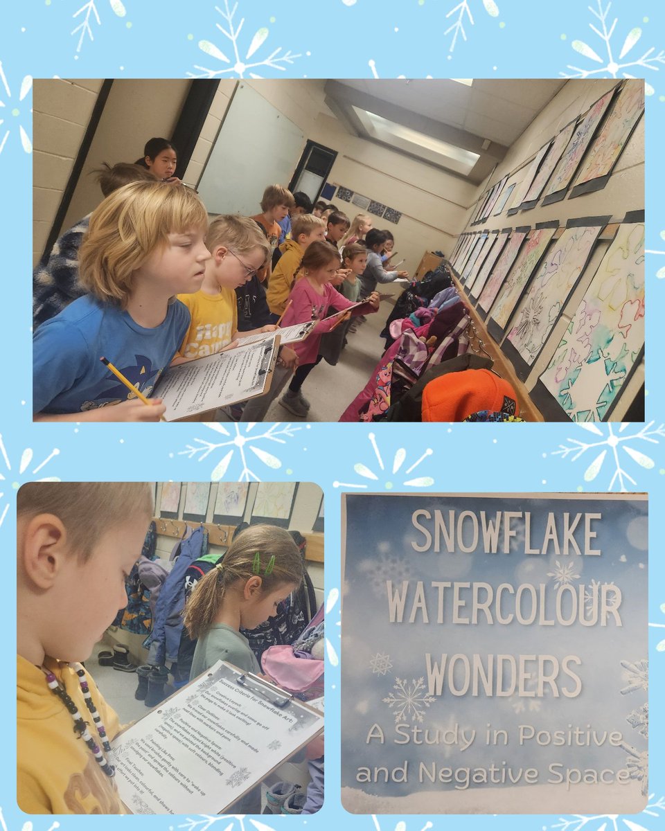 BrainyBunch2s's tweet photo. 🎨❄️ We took our Snowflake Watercolour Wonders into the hallway gallery! Students became critical artists, self-assessing their work using our success criteria. Beautiful art + thoughtful reflection = growth! #ArtfulThinking #CreativeKids #CriticalEye https://t.co/6pjfOazkR3