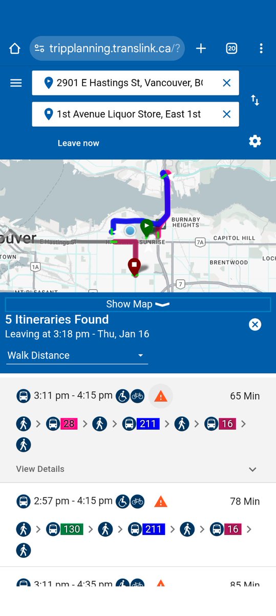 francislim's tweet photo. @TransLink Bus #16 is not showing up in Trip Planning. Going from PNE to shopping plaza at 1st &amp; Renfrew. No 16 would be the best option, but the planner simply would not give me that. See attached screenshot https://t.co/odTzAtc4aK