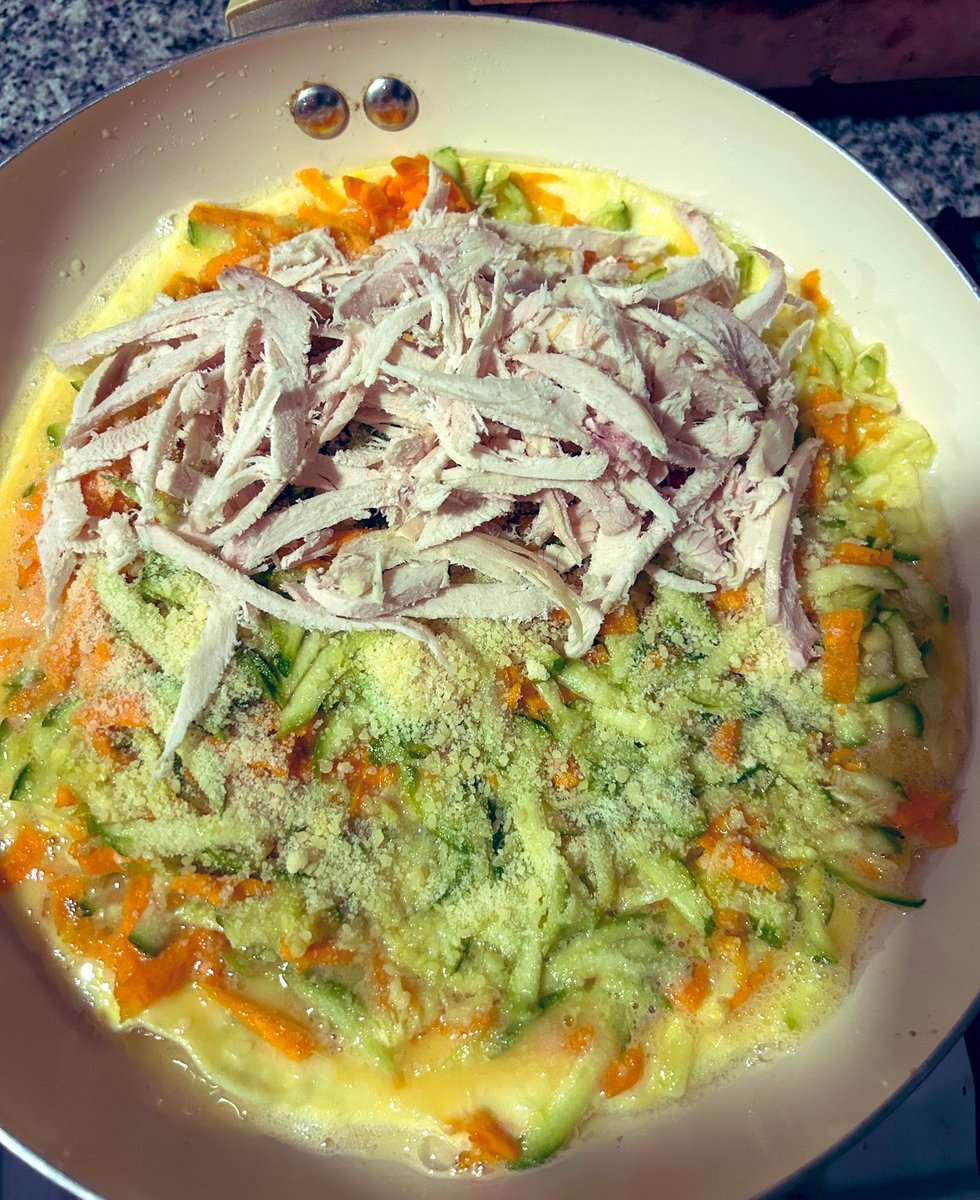 Les comparto este plato simple y muy rico para comer verduras de manera diferente.

Yo solo usé 1 zapallito, una zanahoria, dos huevos y pollo desmenuzado, pero si sos amantes del queso cremoso podés agregarle unos cubos y suma un montón.

Si tenés ganas y paciencia podés hacer
