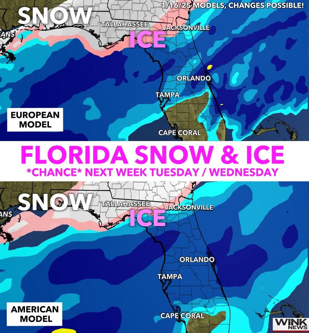 MattDevittWX's tweet photo. FLORIDA SNOW & ICE *chance* next week on Tuesday / Wednesday. Here's the bottom line as of Thursday: ❄️☃️

1. Normally when #Florida gets cold, we're dry, but next week a storm system could work together with arctic air to produce an area of freezing rain, sleet and even #snow for parts of the state. As you can imagine, the more north you get (colder), the better shot you have. 

2. I can't stress enough how tricky this forecast is. This is a possibility and chance for now, not a guarantee yet. A lot of it has to do with the track of the storm system. If it goes more north, we would see just rain...the more south (including in recent model runs) and that opens the potential for wintry weather for some. The reason why I'm bringing it up is we're 5 days out and models have shown some consistency. 

3. Too early to talk specifics, totals and how far south the wintry weather could get...if it occurs. Featured below, snow is white, pink is mix or ice, blue is rain. 

As always, just like hurricane season, model changes are possible. Look for trends and consistency. I'll continue to keep you updated on WINK News!

- Matt Devitt WINK Weather @WINKNews