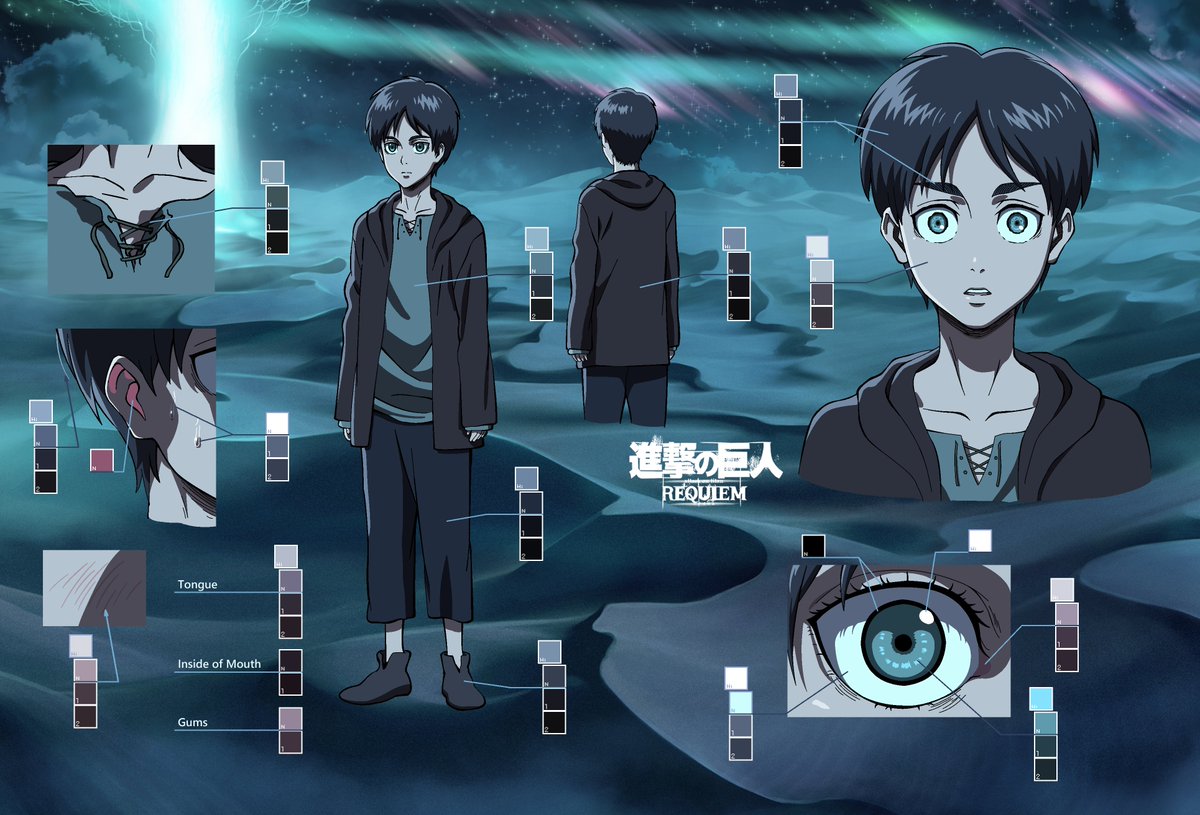 sanyakrug's tweet photo. Some of the character colordesigns I made for the episode AoT:Requiem!!
I really prefer manually made color schemes to the ones made with compositng, that's why I did the color designs for all of the scenes, here's some of em, starting with paths!
#StudioECLYPSE #AotnoRequiem https://t.co/nvAPh4VcVZ