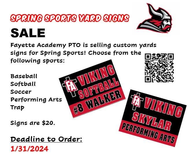 SPRING SPORTS SIGNS on SALE NOW!!!

Baseball ⚾️

Softball 🥎

Soccer ⚽️

Trap 🥏

Performing Arts 🎭

$20.00 each  - The deadline to order is Jan. 31st. 

fayetteacademy.factsmgtadmin.com/form/vfW9tCw37…