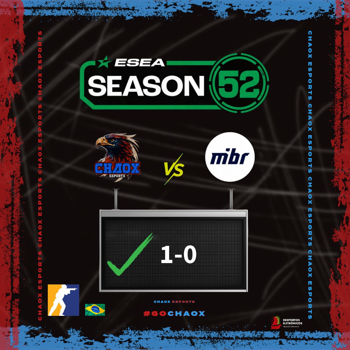 ChaoX_eSPORTS's tweet photo. 🎮 #CS2 🇧🇷 - @ESEA Season 52 Open🎮
✅ 1-0 🆚@MIBR Academy
📍 Próximo jogo:
🆚BESTIA Academy
🗓️20/01
⏲️23h30
🤝 #GOCHAOX
@Neganxt @Harpyj5
#CS2 #CS2BR #Esports #CounterStrike #chaoxesports #esea @fpdeoficial https://t.co/08H3PiYzjc