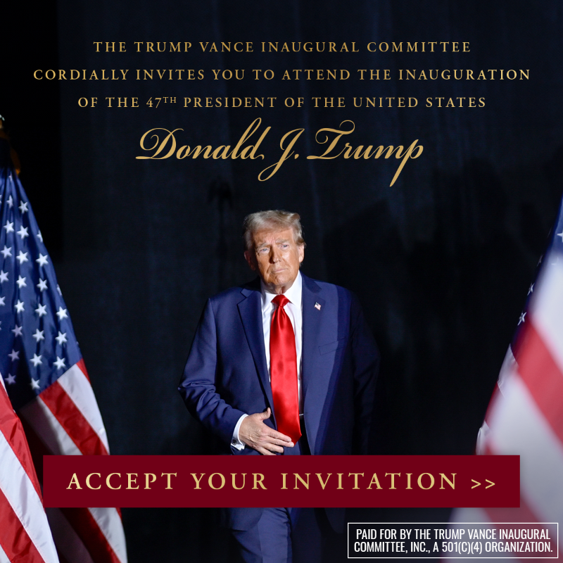 realDonaldTrump's tweet photo. President Trump’s swearing-in ceremony is in a few days, but you can still attend. 

He would be honored to have you at his Inauguration.

RSVP 👇👇