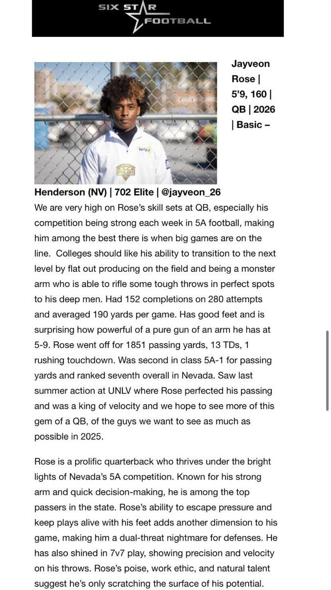 Jayveon Rose (@jayveon_26) on Twitter photo Noticed or unnoticed, I still work everyday for my future in this sport. Thank you <a href="/sixstarfootball/">Six Star Football | PLUS+</a> for the write up.
<a href="/_basicfootball/">Basic Wolves Football</a> Noticed or unnoticed, I still work everyday for my future in this sport. Thank you <a href="/sixstarfootball/">Six Star Football | PLUS+</a> for the write up.
<a href="/_basicfootball/">Basic Wolves Football</a>
