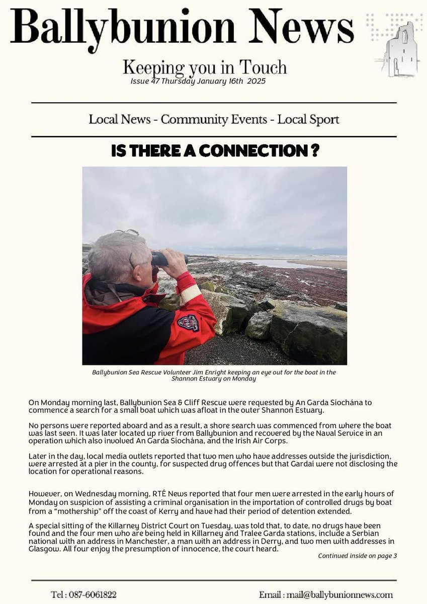 This week’s issue of Ballybunion News has been uploaded to the website. Its costs just €12 per annum to read and you can register at ballybunionnews.com