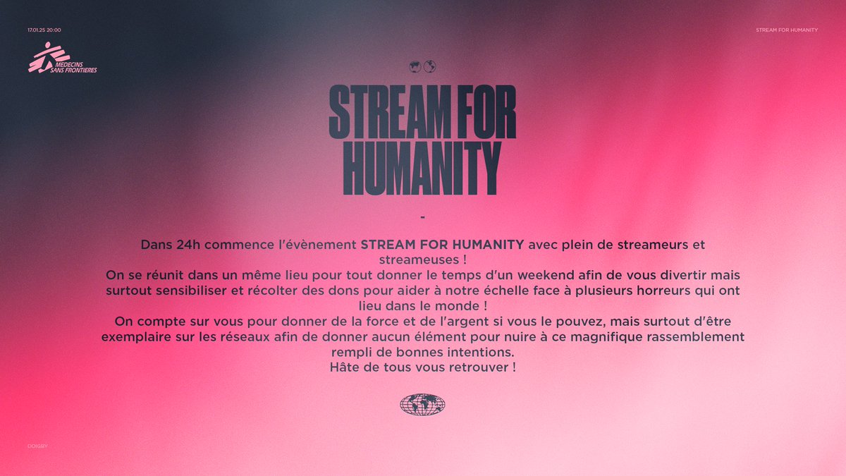RAPPEL : STREAM FOR HUMANITY DEMAIN 20H JUSQU'À DIMANCHE 20H (+ le match de foot) ❤️🤍💚🖤💙💛
