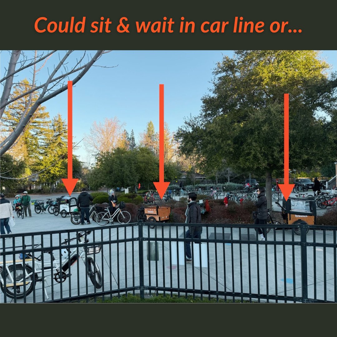 TFW you figure out you have better things to do than sit and wait in the car! 

Love this 🔥🔥🔥 school pic from Andrew in Menlo Park, CA. 

Yes those are 3 bunch bikes - rain tents to keep kids cozy and warm in winter! ❄️☃️

#CargoBike #FamilyBike #BikeLife