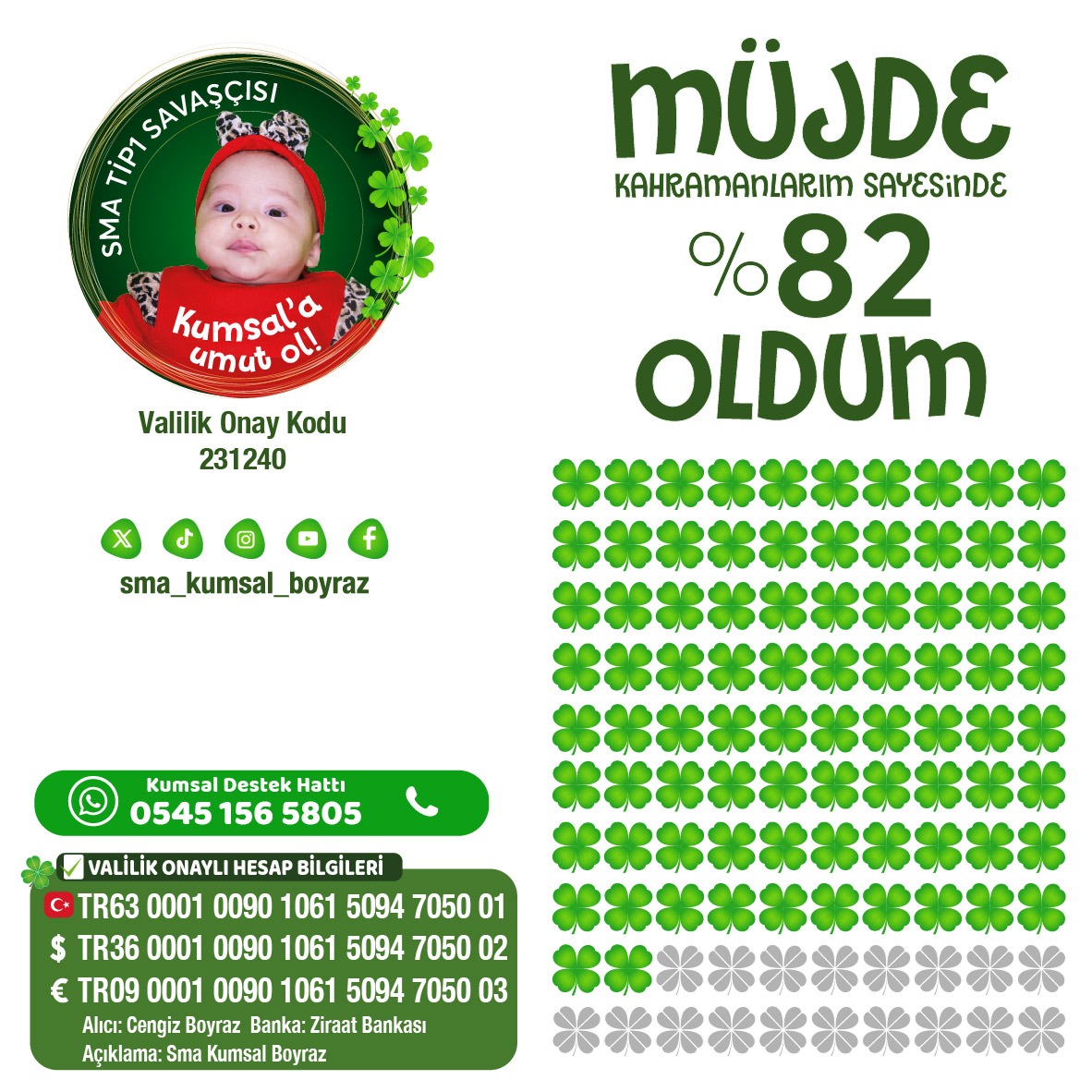 Müjdee🥳🥳🥳
Desteklerinizle %82 olduk🍀

➡️Faaliyet Sorgu:23-1240
CENGİZ BOYRAZ

🍀Valilik İzinli İban Bilgileri🍀

🇹🇷: TR63 0001 0090 1061 5094 7050 01
💵: TR36 0001 0090 1061 5094 7050 02
💶: TR09 0001 0090 1061 5094 7050 03

SWIFT: TCZBTR2A
ZİRAAT BANKASI 
ALICI:CENGİZ BOYRAZ