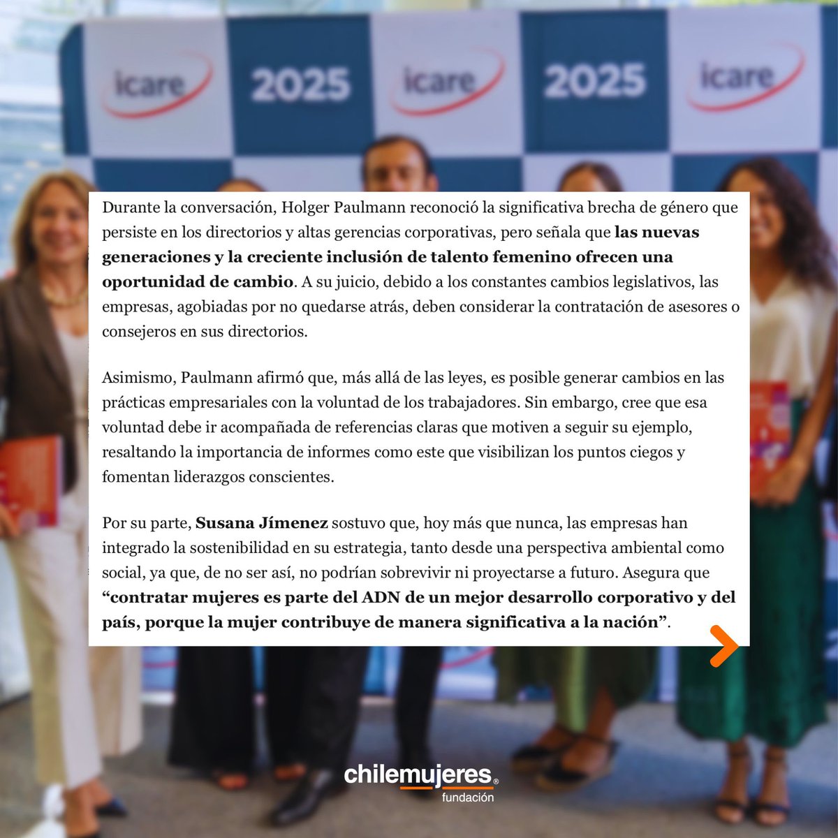 #Prensa | Tras el lanzamiento del Segundo Informe de Equidad de Género y Buen Gobierno Corporativo, <a href="/latercera/">La Tercera</a> hizo una cobertura del evento que se llevó a cabo en la dependencias de <a href="/icare_chile/">ICARE</a> y el panel de conversación en la instancia👇🏼