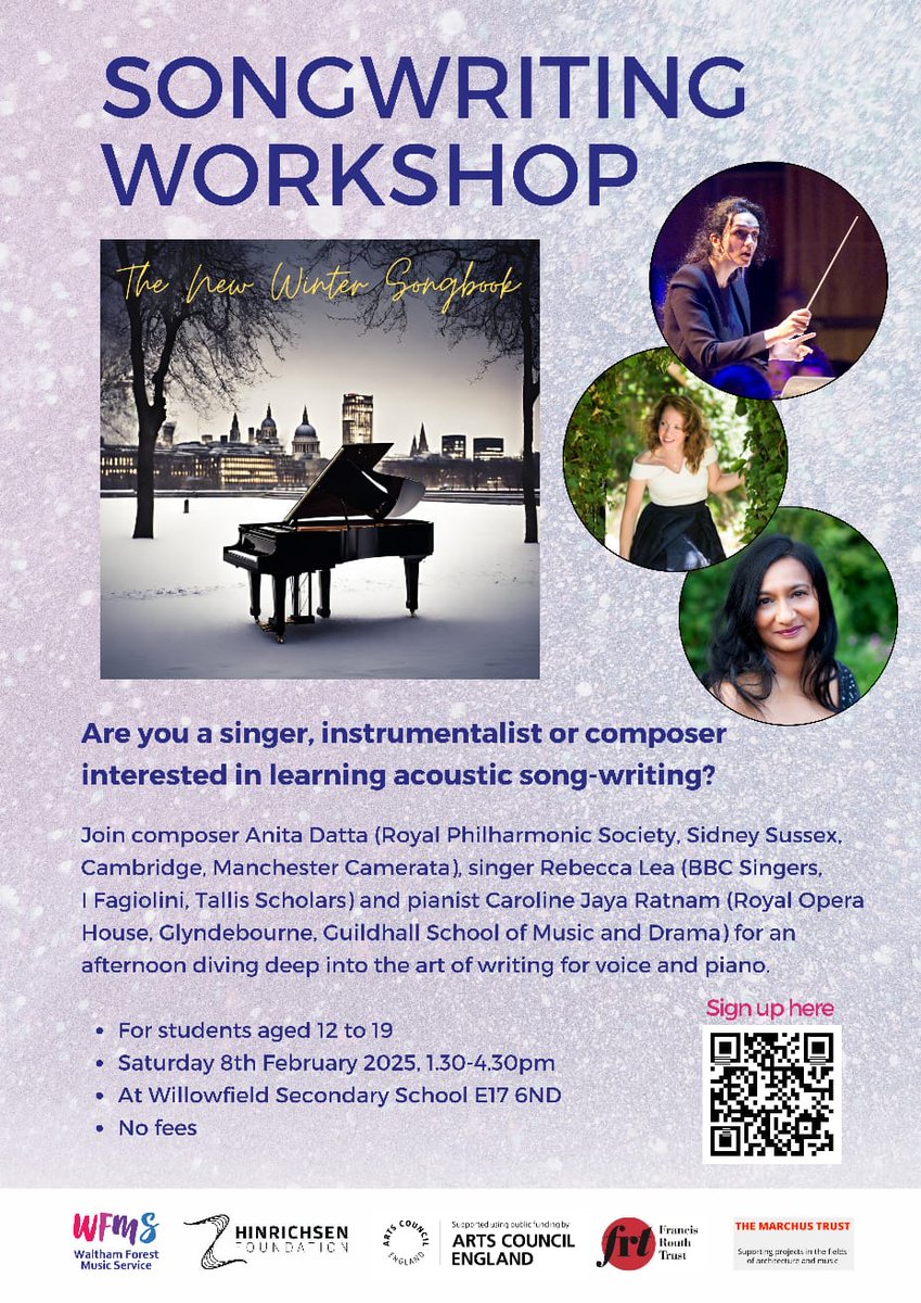 Rebecca Lea (@rebeccajlea) on Twitter photo Anyone with contacts to schools or music hubs in EAST LONDON or HUDDERSFIELD, please can I ask if you might circulate details of these FREE songwriting workshops we are running next month as part of the New Winter Songbook. Sign up via the QR or email newwintersongbook@gmail.com Anyone with contacts to schools or music hubs in EAST LONDON or HUDDERSFIELD, please can I ask if you might circulate details of these FREE songwriting workshops we are running next month as part of the New Winter Songbook. Sign up via the QR or email newwintersongbook@gmail.com