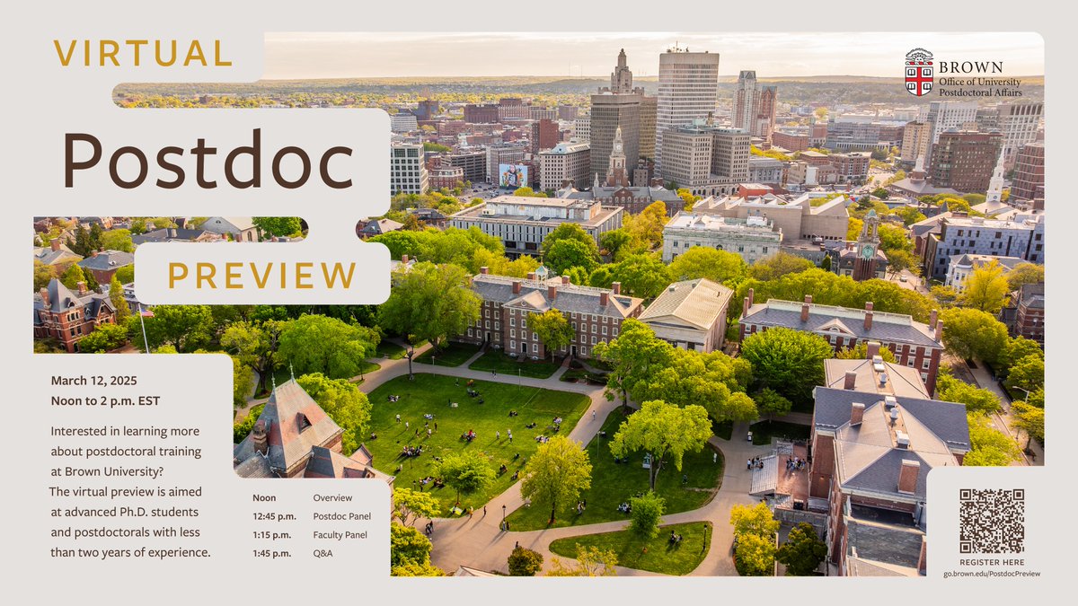 PostdocsAtBrown's tweet image. We are excited to host a Virtual Postdoc Preview for individuals interested in learning more about postdoctoral training at Brown University on March 12, 2025. Learn more and register via go.brown.edu/postdocpreview. #postdocposition #postdoc #PhD