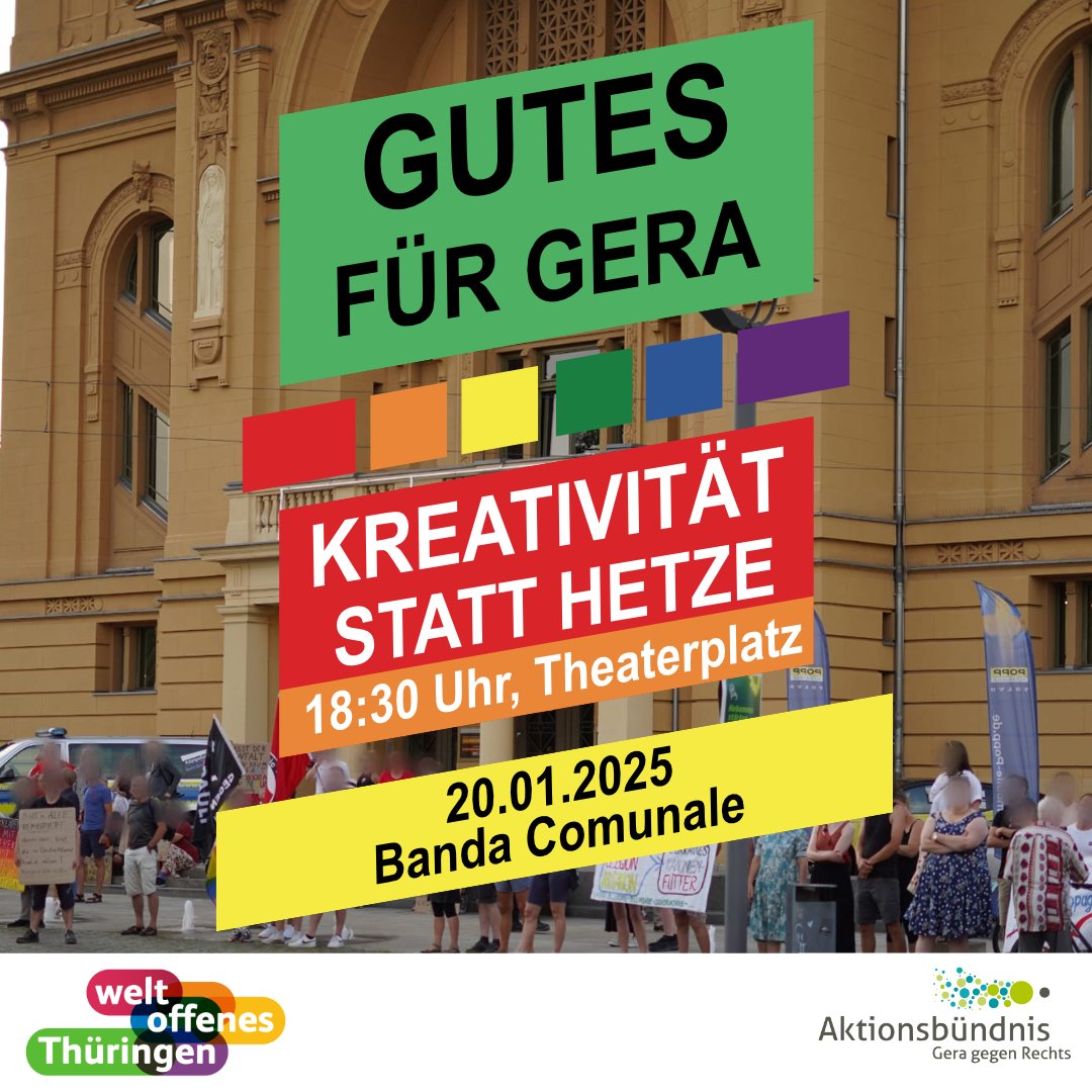 Lilienfee's tweet photo. Für ein 💩freies Gera!
Ihr braucht was auf die Ohren, der Adenauer (🫂🖤❤️ @politicalbeauty) kann sich aber leider nicht teilen?
Die #BandaComunale hilft! Kommt Montag nach Gera!
📍#Gera Theaterplatz
🗓 20.01.25
⏰️ ab 18.30 Uhr
Für heiße Ohren (i.S.v. Musik), Getränke & wunderschöne Erinnerungen wird gesorgt!
#fcknzs #buntstattbraun