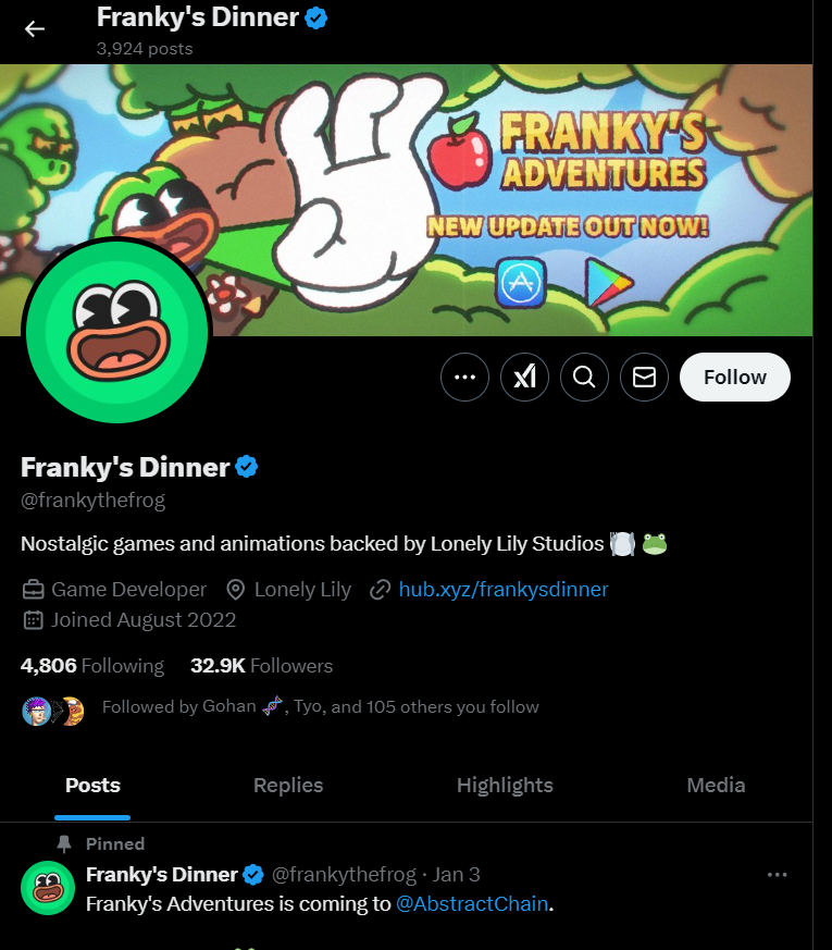 🔷You can earn discord role from <a href="/frankythefrog/">Franky the Frog</a> 

At the moment in Abstract Discord: 
 discord.gg/abstractchain   

You can receive role «Elite Chad» for holding NFT from Franky's Dinner. Do it guys!