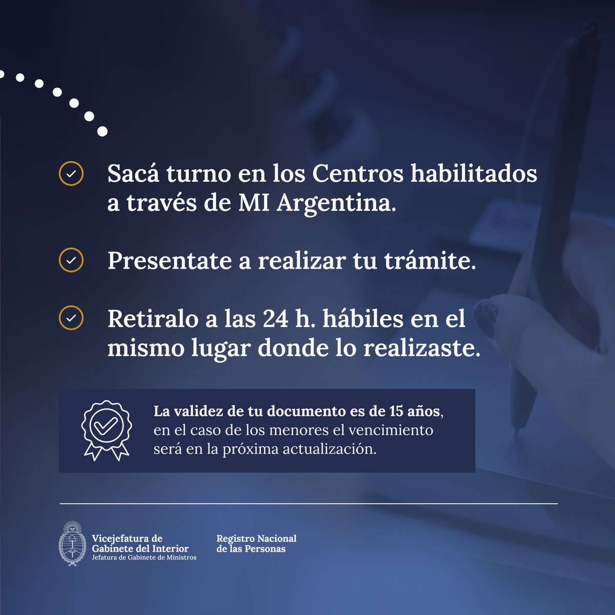 💫Este servicio se encuentra disponible para aquellas personas que necesitan su DNI en 24h.
📲Sacá turno
👍Tramitalo
🪪Retiralo en el Centro donde realizaste tu trámite.
🌐 Más info en argentina.gob.ar/interior/renap…