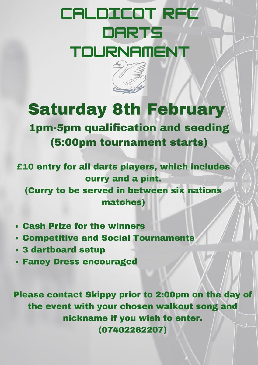 Fancy yourself as the next Luke Littler? Or perhaps Andy Fordham... 🎯🎯
Caldicot RFC and Skippy Entertainment Ltd are proud to present the inaugural Caldicot RFC Darts Tournement!

🍺 🍻 🍺 🍻 

Details 👇👇👇