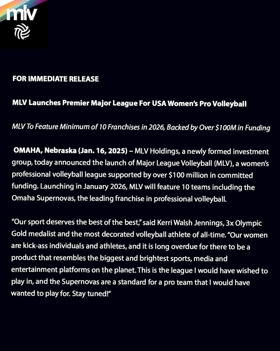 Major League Volleyball will be launching 10 franchises in 2026 with over $100M in funding with a large partnership group including Pro Volleyball Federation team Omaha Supernovas, Jason Derulo, Kerri Walsh Jennings, and others.

(swipe for full statement via mlv_official/IG)