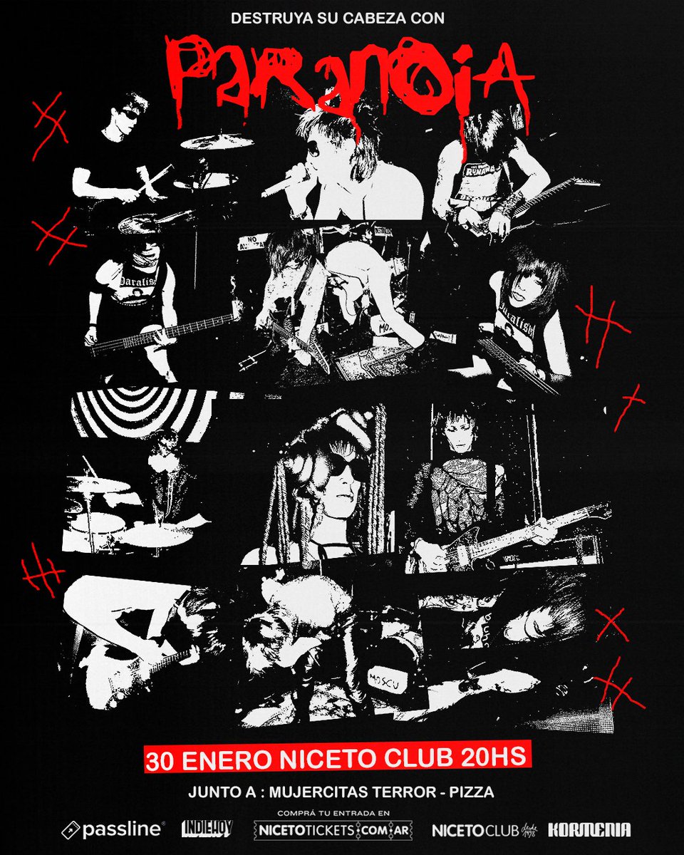 PARANOIA POR PRIMERA VEZ EN NICETO CLUB. 

+ After Party DJ Set 

Junto Pizza + <a href="/MujercitaTerror/">Mujercitas Terror</a> 

Anticipadas en PassLine