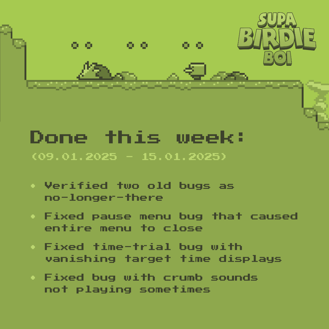 SupaBirdieBoi's tweet photo. This week we picked up the bug-busting hammer and took a few swings... 🚫🪲 The effects were above expectations! (One of those have been with us since 2021, want to guess which one?) #DoneThisWeek

#gamedev #indiedev #indiegame #indie #pixelart #pixelgame #gameboy #SupaBirdieBoi https://t.co/F6QyqYmB84