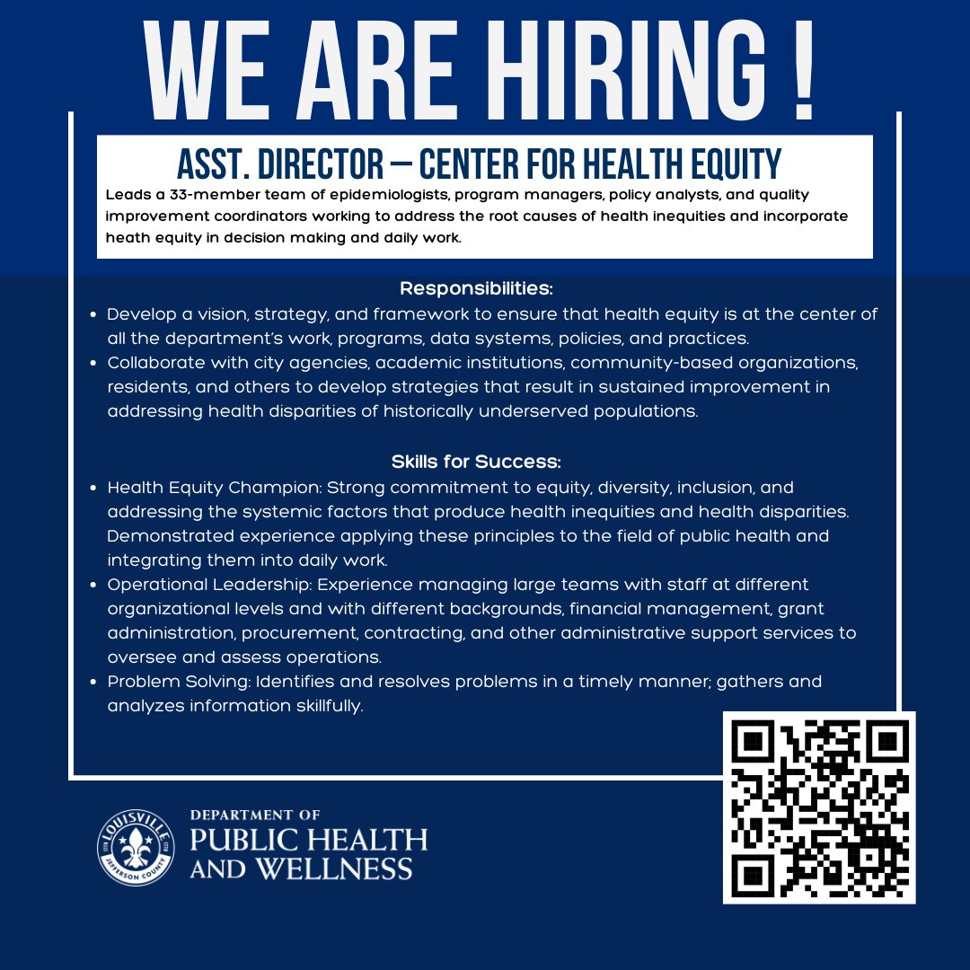 Center for Health Equity is seeking an Assistant Director - Interested candidates can apply at: shorturl.at/FRgG0

Closing date: 2/12/2025
