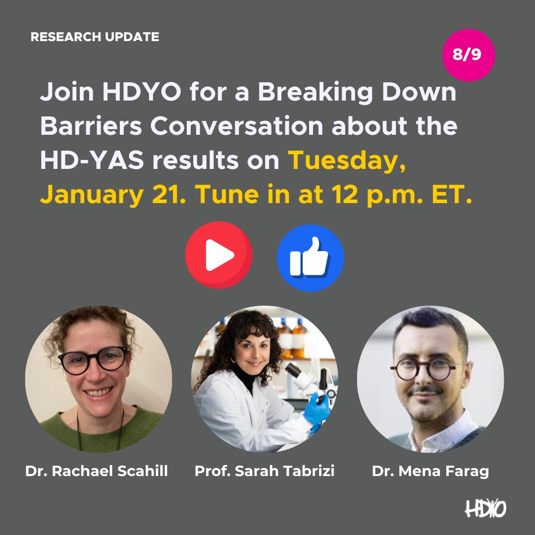 HDYOFeed's tweet photo. Join us on Tuesday, January 21 for an HDYO Breaking Down Barriers discussion featuring Prof Tabrizi, Dr. Rachael Scahill, and Dr. Mena Farag, where they will delve deeper into this research, its implications for future trials, and ways to stay engaged. https://t.co/ZO6RIy3UCS