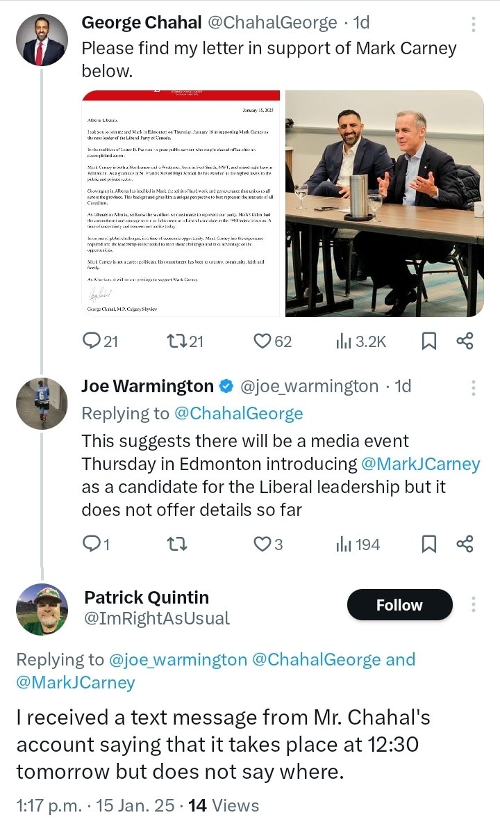 No1KnowsNobody's tweet photo. @WogPogReal #Carney2025's #LPCLeadership ann - 1230 hours (MST?) in #yeg. Specific loc is held under a cloaked veil

Catalyst post frm #PorchPirateGeorge of #CalgarySkyview

#LiberalLeadership #LiberalLeadshipRace #Liberal #MarkCarney #TwoRandys #GeorgeChahal #ChahalGeorge #yyc

Expand👇 https://t.co/F9u8MGXXQd