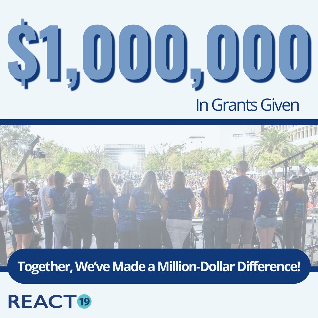 Supporters of React19 have given 1 million reasons for the injured to know they matter and have not been forgotten.

Thanks to our incredible donors, React19 has officially reached $1,000,000 in grants given since the CAREFund’s inception.

Your generosity has created 1 million