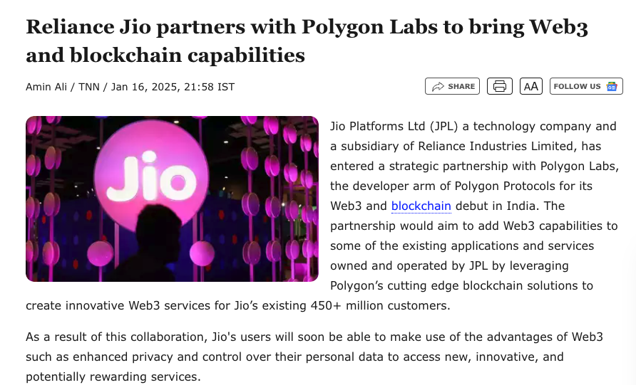 buycryptocode's tweet photo. 🚀 Big news! Reliance Jio partners with @0xPolygon, marking a major step for India's Web3 journey! 🇮🇳 This collaboration is a testament to how Indian giants are stepping into the Web3 space. 🌐💡 Exciting times ahead for #Web3India! #Polygon #Jio #Blockchain https://t.co/iY2FajyXPs
