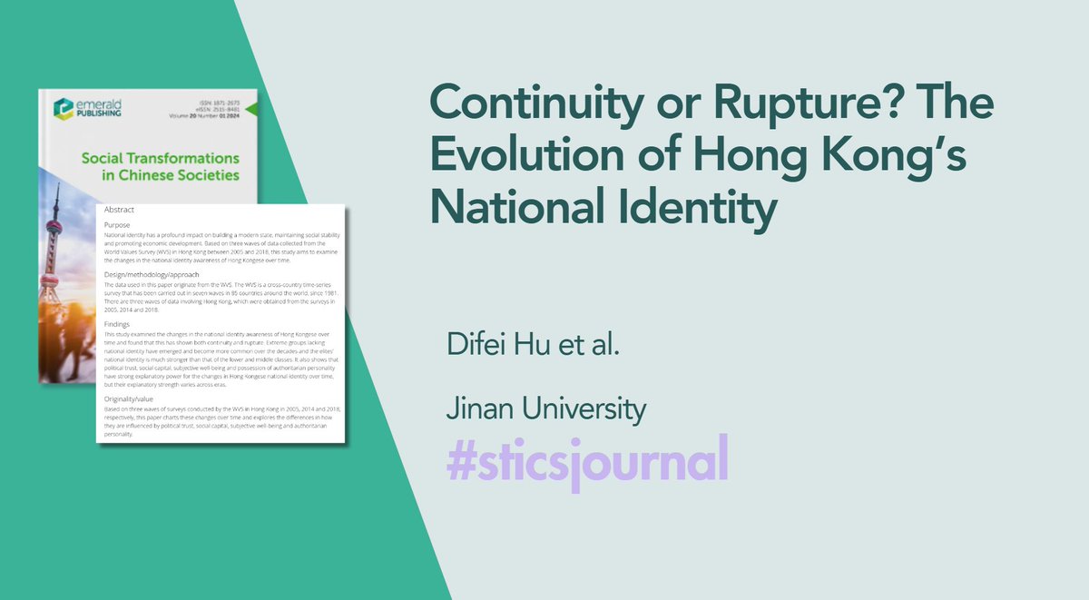 SjournalSt42659's tweet photo. 📢New Article Alert:
 "Continuity or rupture? The evolution of Hong Kong’s national identity" 
– Key finding: Elites show a stronger national identity than the lower and middle classes.
Read more: https://t.co/CmnJta1phz https://t.co/qdGTL7WK6G