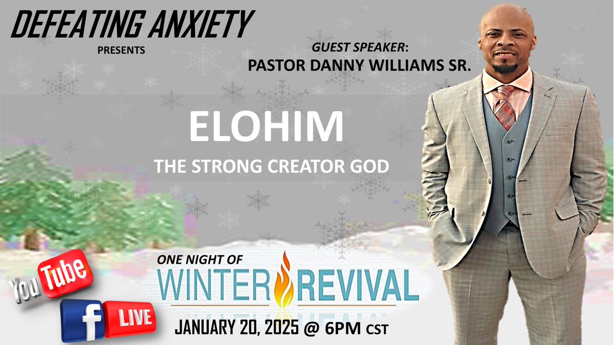 PastorRussell's tweet photo. Get ready for One night of Winter Revival. Pastor Danny Williams Sr. will be our speaker and will join Pastor Russell for this virtual Defeating Anxiety broadcast. See you on this coming Monday. 
All are welcome!🥰🙏🏽💯 https://t.co/EdxIGXUtgo