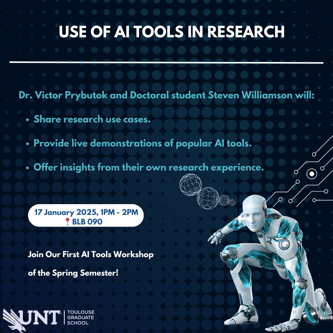 Welcome back, everyone! We hope you had a fantastic holiday break and are ready to kick off the semester with exciting learning opportunities! #AIWorkshop #ResearchTool #SpringSemester #MeanGreenPride #UniversityOfNorthTexas #GoMeanGreen #ToulouseGraduateSchool
#UpcomingEventsUNT