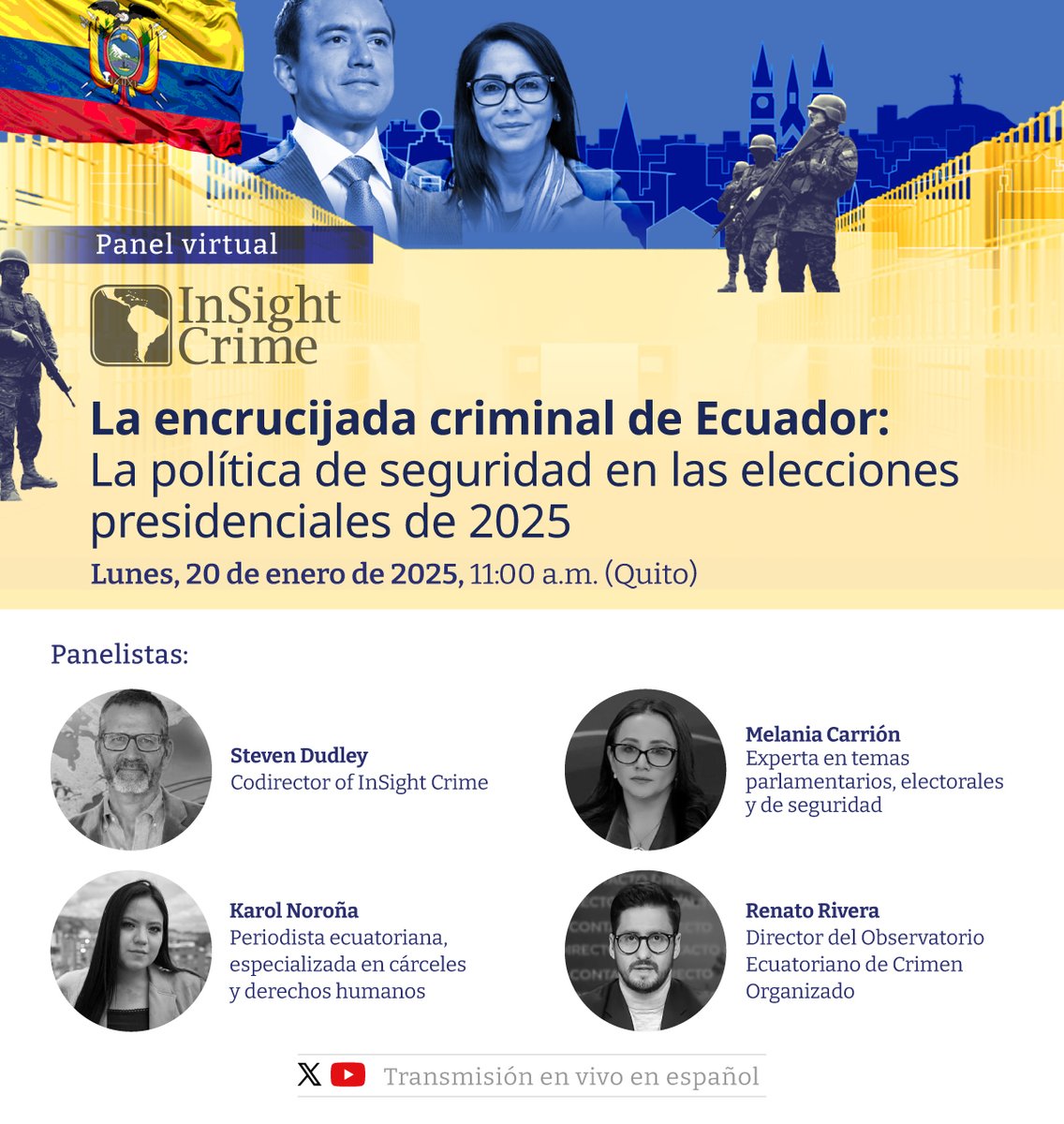 🇪🇨 | Join us as InSight Crime and a panel of Ecuadorian experts discuss the security policies, political rhetoric and debate performance of the candidates leading the polls in Ecuador’s coming presidential elections. Can any of them bring a to halt Ecuador’s security spiral?