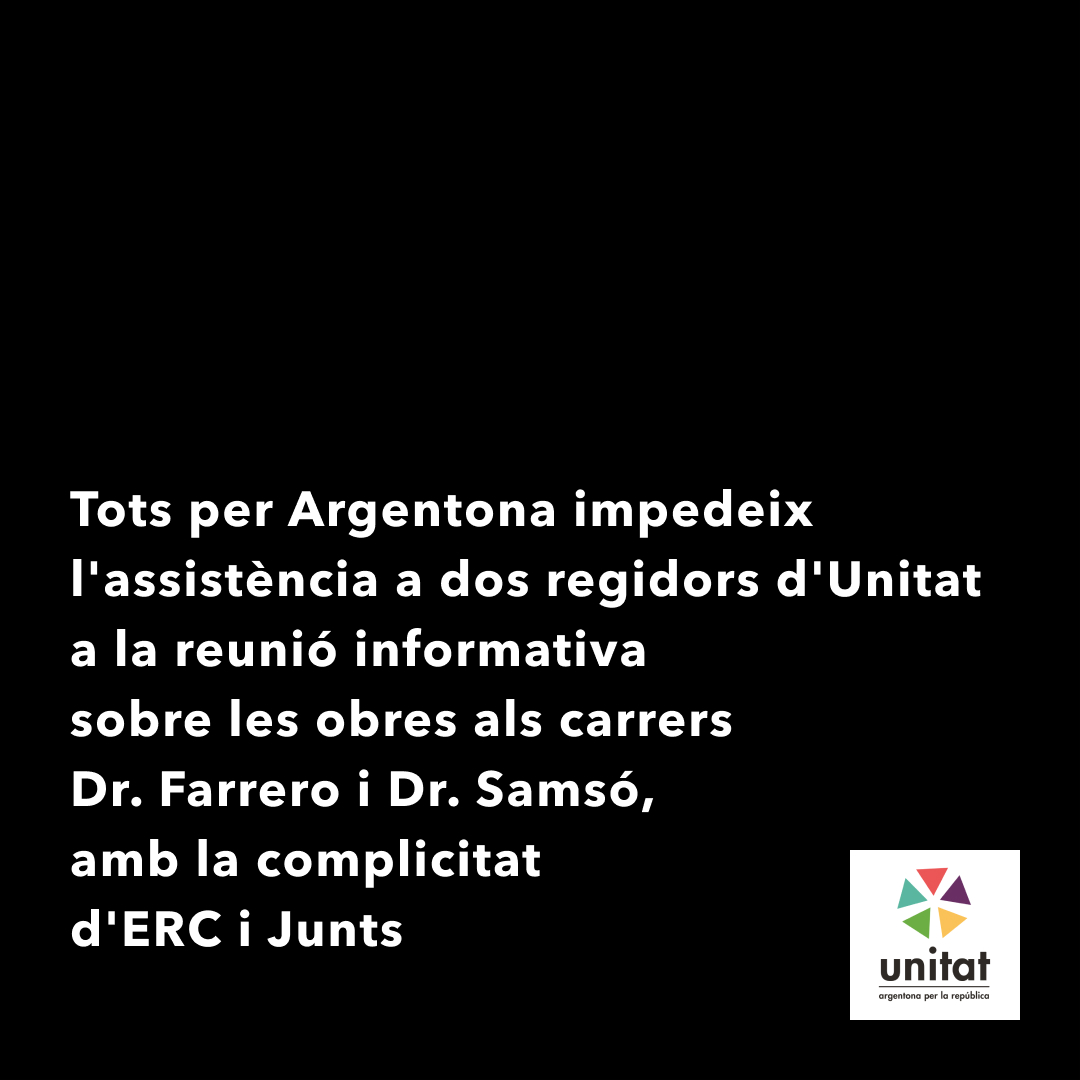 UnitatArgentona's tweet photo. Ahir es va produir un fet intolerable en l'administració pública. Membres del govern de Tots per Argentona van impedir l'assistència a dos regidors d'Unitat a la reunió informativa sobre el projecte d'obres als carrers Dr. Farrero i Dr. Samsó, actuació que comporta l'incompliment del Reglament Orgànic Municipal, en impedir a membres electes d'exercir el seu dret a conèixer i supervisar un assumpte públic. Això suposa obrar amb opacitat i faltant a la transparència que hauria de regir les actuacions municipals.

La deriva autàrquica d'aquest govern, encapçalat per Tots per Argentona i suportat per ERC i Junts és cada vegada més evident.

La greu actuació de Tots per Argentona fa minvar la qualitat democràtica d'Argentona. Exigim una disculpa pública com a reparació d'aquest fet inacceptable.