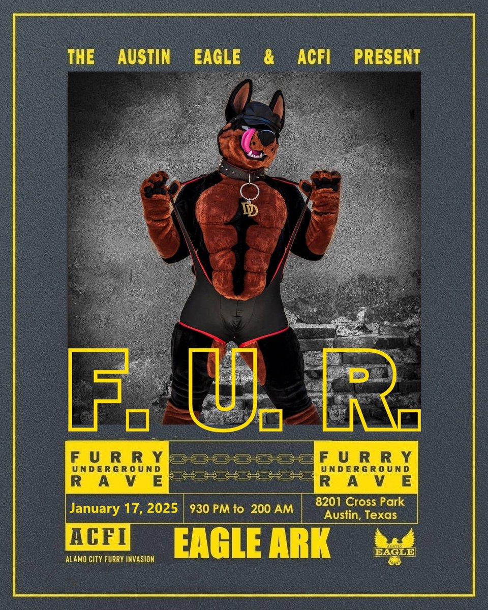 One whole year of raves! 
ACFI is proud to celebrate the 1 year anniversary of the Eagle Ark FUR Nights at the Austin Eagle this Friday, January 17th. Join us as we'll have specials for ACFI Registrations. 
Duke sends his love to the San Antonio and Austin communities.
21+ Only
