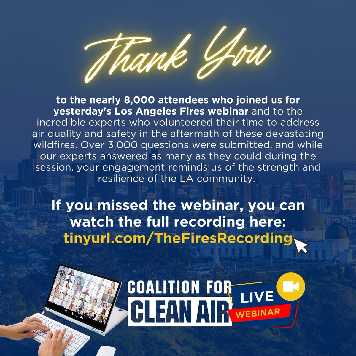 CleanairCA's tweet image. Thank you!💙

Los Angeles Fires Webinar Recording: youtu.be/gdHMOgJfiyM?si…